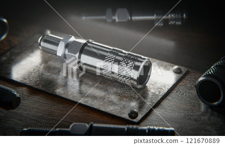 Euro standard Hydraulic quick couple for quick connect fitting. Made of stainless steel for join hose oil, water and air. Placed on iron plate 121670889