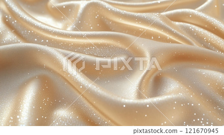 A shiny, shimmering golden fabric with glittery sparkles scattered across it. 121670945