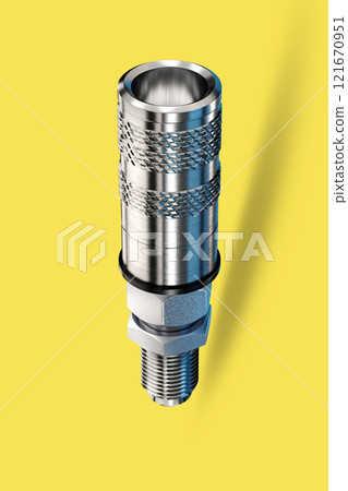 Euro standard Hydraulic quick couple for quick connect fitting. Made of stainless steel for join hose oil, water and air. Isolated on yellow background. 3D render  121670951