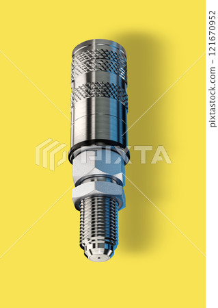 Euro standard Hydraulic quick couple for quick connect fitting. Made of stainless steel for join hose oil, water and air. Isolated on yellow background. 3D render  121670952