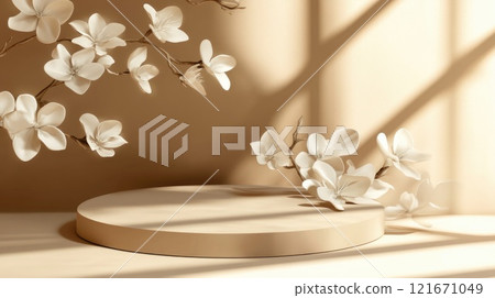 Empty beige podium and white flowers on beige background with sunlight and window shadow 121671049