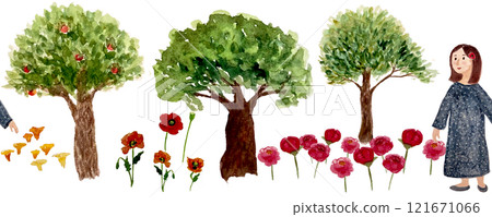 A girl favorite things: trees, peony, mushrooms, a girl seamless pattern isolated on white. Watercolor sketch illustrations great for tape, decor, stationary, tote bag, textile, notebook design A girl favorite things: trees, peony, mushrooms, a girl seamless pattern isolated on white. Watercolor sketch illustrations great for tape, decor, stationary, tote bag, textile, notebook design 121671066