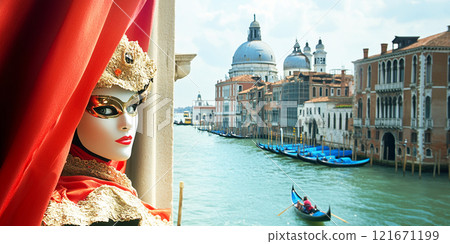Carnival of Venice. Woman in beautiful carnival costumes in background blue lagoon of Venice and gondola Carnival of Venice. Woman in beautiful carnival costumes in background blue lagoon of Venice and gondola 121671199