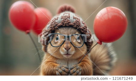 Squirrel with balloons in cozy knitted hat 121671249