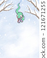 A green snake wearing a scarf walking through the snow 121671255
