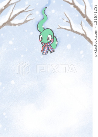 A green snake wearing a scarf walking through the snow 121671255
