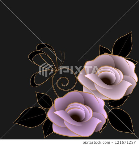 Floral background with roses and butterfly on black. 121671257