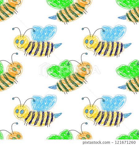Cute Bees Hand-Drawn Seamless Pattern Cute Bees Hand-Drawn Seamless Pattern 121671260