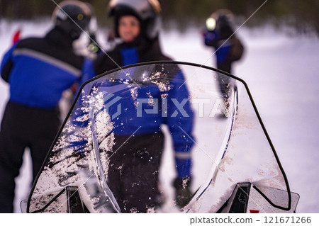 Snowmobile expedition Aurora Northern Lights in Lapland Inari Nellin Lake forest Snowmobile expedition Aurora Northern Lights in Lapland Inari Nellin Lake forest 121671266