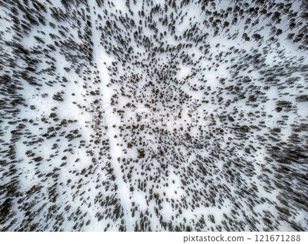 lapland winter aerial Inari Nellim frozen lakes and forest landscape panorama 121671288