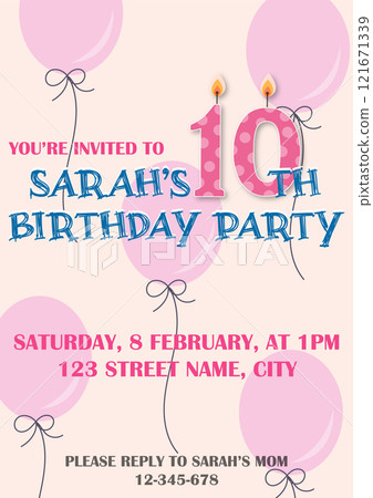Kids birthday party invitation card. You're invited to birthday party colorful poster. 10th birthday vector template. Kids birthday party invitation card. You're invited to birthday party colorful poster. 10th birthday vector template. 121671339