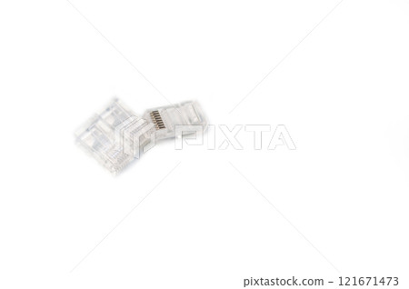 Network rj45 cable parts isolated on white background. Clips for ethernet cable. 121671473