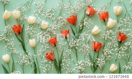 Colorful tulips and baby's breath flowers arranged in a pattern on a pastel green background. 121671648