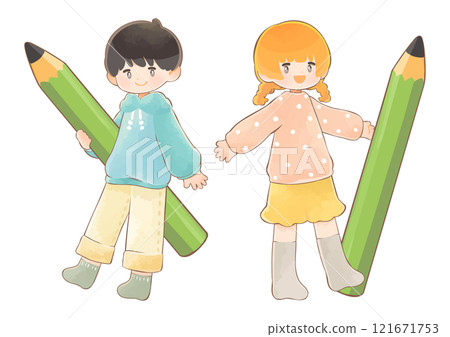 Illustration of children learning with big pencils Illustration of children learning with big pencils 121671753