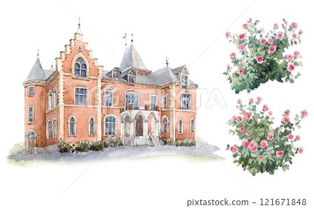 Watercolor illustration of old historical building. Vintage palace illustration. Ready clip art for your designs. 121671848