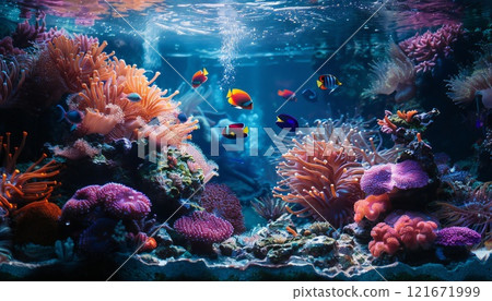 A colorful underwater scene with fish swimming among coral reefs 121671999
