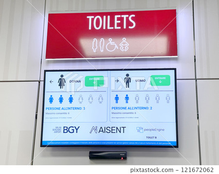 Scoreboard in front of entrance to the toilet at airport. Technology and public spaces in city. Information about availability of free seats. Scoreboard in front of entrance to the toilet at airport. Technology and public spaces in city. Information about availability of free seats. 121672062