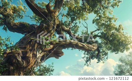 Large tree against a blue sky, symbolizing nature and landscape 121672112