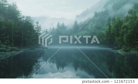 Peaceful lake surrounded by a foggy forest, reflecting the idyllic landscape 121672153