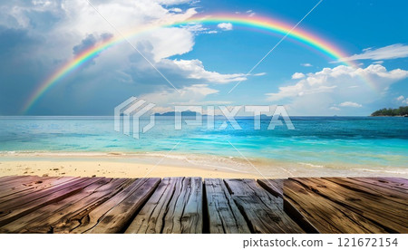 Empty wooden surface overlooking a tropical beach with a rainbow 121672154