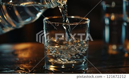 A close-up shot of water being poured from a bottle into a glass 121672212