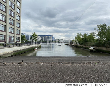 Empty embankment, view of the river and modern apartment buildings, Hoboken, NJ, USA Empty embankment, view of the river and modern apartment buildings, Hoboken, NJ, USA 121672243