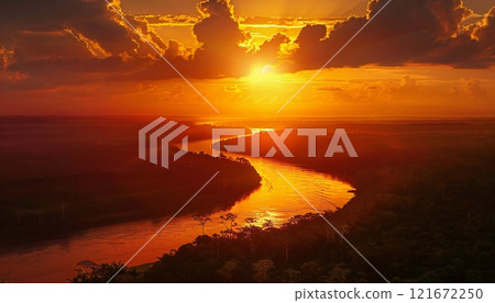 A serene river flowing through a tropical forest at dusk 121672250