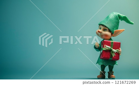 Image of a little elf holding a gift on a turquoise background with copy space, ideal for Christmas advertising 121672269
