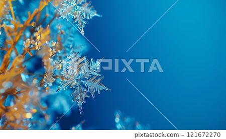 Image of a blue background with twigs and snowflakes with copy space, suitable for greeting cards Image of a blue background with twigs and snowflakes with copy space, suitable for greeting cards 121672270