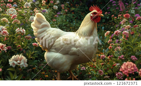 A peaceful image of a white hen grazing amidst summer blooms 121672371