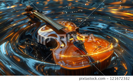 Image of a violin surrounded by a symphony of notes and sound waves 121672382