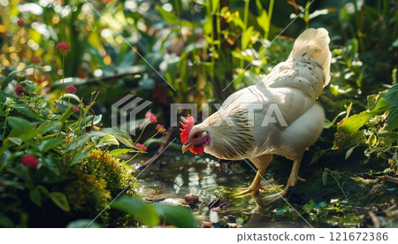 A serene white hen foraging in a summer garden 121672386
