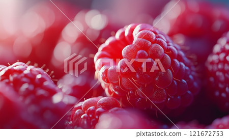 A close-up of a pile of fresh, vibrant red raspberries. 121672753