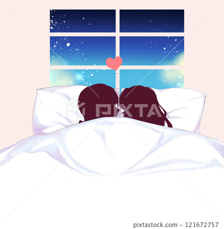 Man and woman facing each other in bed, silhouette, window 121672757