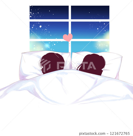 Man and woman fidgeting in bed, silhouette, window 121672765
