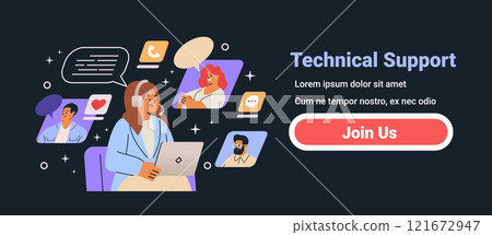 Technical support team providing assistance online. Diverse individuals communicating via video call and chat on dark background. Website banner design 121672947