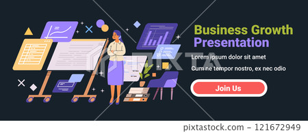 Business growth presentation woman analyzing charts graphs data dark background modern interface design 121672949