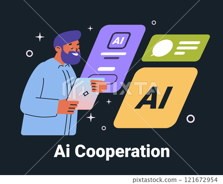 AI cooperation business concept illustration man using tablet colorful interface elements dark background website design template 121672954