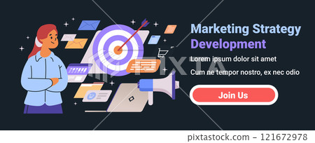 Marketing strategy development woman with crossed arms in front of a target bullseye laptop megaphone icons on dark background website banner 121672978