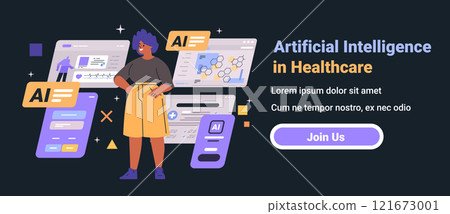 Artificial Intelligence in Healthcare concept with woman standing among medical data screens and AI elements dark background website banner 121673001