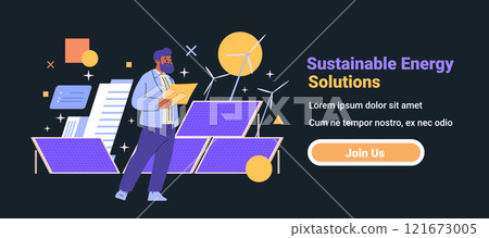 Sustainable energy solutions man with solar panels wind turbines dark background website banner Sustainable energy solutions man with solar panels wind turbines dark background website banner 121673005