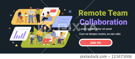 Remote team collaboration concept with diverse professionals working together using laptops and charts on a dark background. Suitable for website design banner 121673006
