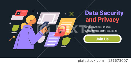 Data Security and Privacy concept colorful illustration of a person using a smartphone with security icons and documents on a dark background 121673007