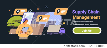 Supply chain management logistics worker holding tablet warehouse trucks location icons clipboard dark background 121673008
