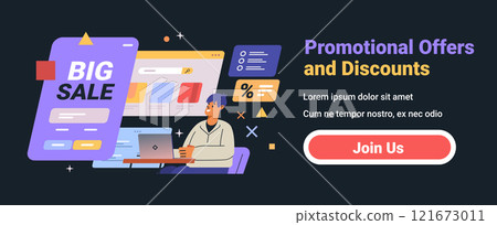 Big sale promotion concept with person browsing online shopping website colorful interface discount elements dark background 121673011