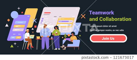 Teamwork and collaboration concept with diverse team working on digital project dark background geometric elements website banner Teamwork and collaboration concept with diverse team working on digital project dark background geometric elements website banner 121673017
