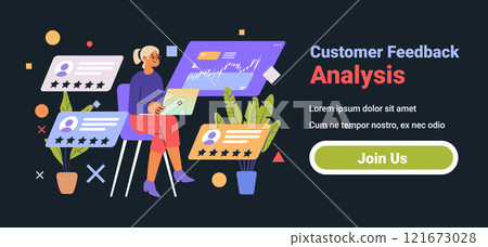 Customer feedback analysis concept woman laptop rating charts dark background plants modern design 121673028