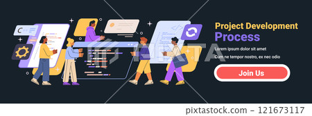 Project development process teamwork coding collaboration diverse people interacting colorful elements dark background website banner Project development process teamwork coding collaboration diverse people interacting colorful elements dark background website banner 121673117