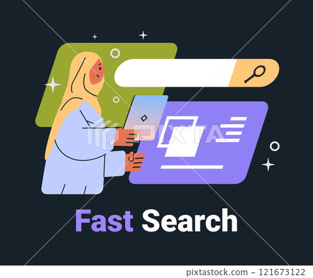 Woman using tablet for fast search modern interface dark background digital concept graphic elements website design Woman using tablet for fast search modern interface dark background digital concept graphic elements website design 121673122