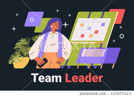 Team leader business concept woman holding smartphone standing near calendar plants dark background Team leader business concept woman holding smartphone standing near calendar plants dark background 121673123